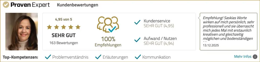 Saskia-Buelow-Proven-Expert-Banner-163 Saskia Bülow - Proven Expert - 163 Kundenbewertung - 4,95 von 5 Sternen - sehr gut